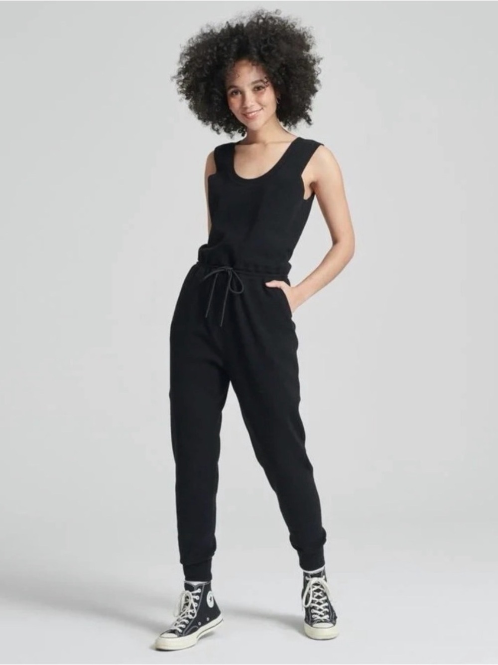 Naadam Lounge Sleeveless Jumpsuit Size Large Jogger Cotton Cashmere Blend Black